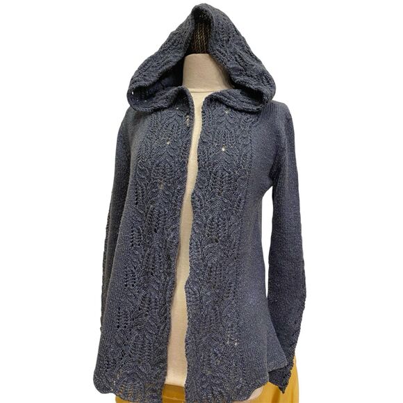 Hand Knit Hoodie Sweater Cardigan Crochet Knit Open Front Moss Green Cozy Soft M - Picture 1 of 6